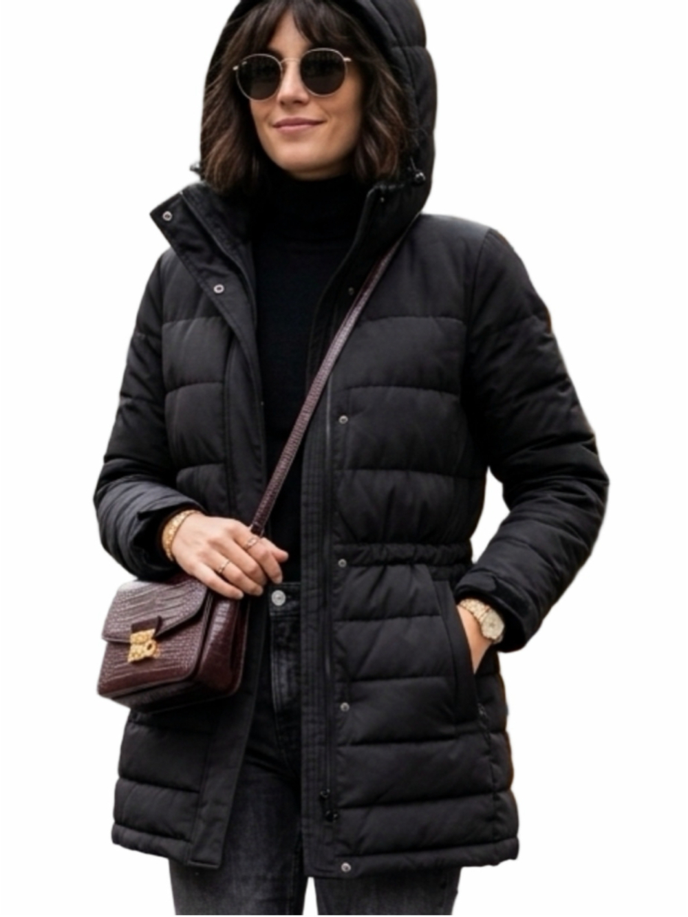 Black Puffer Jacket Mid Length Hooded Coat Gorpcore Streetwear woman’s M